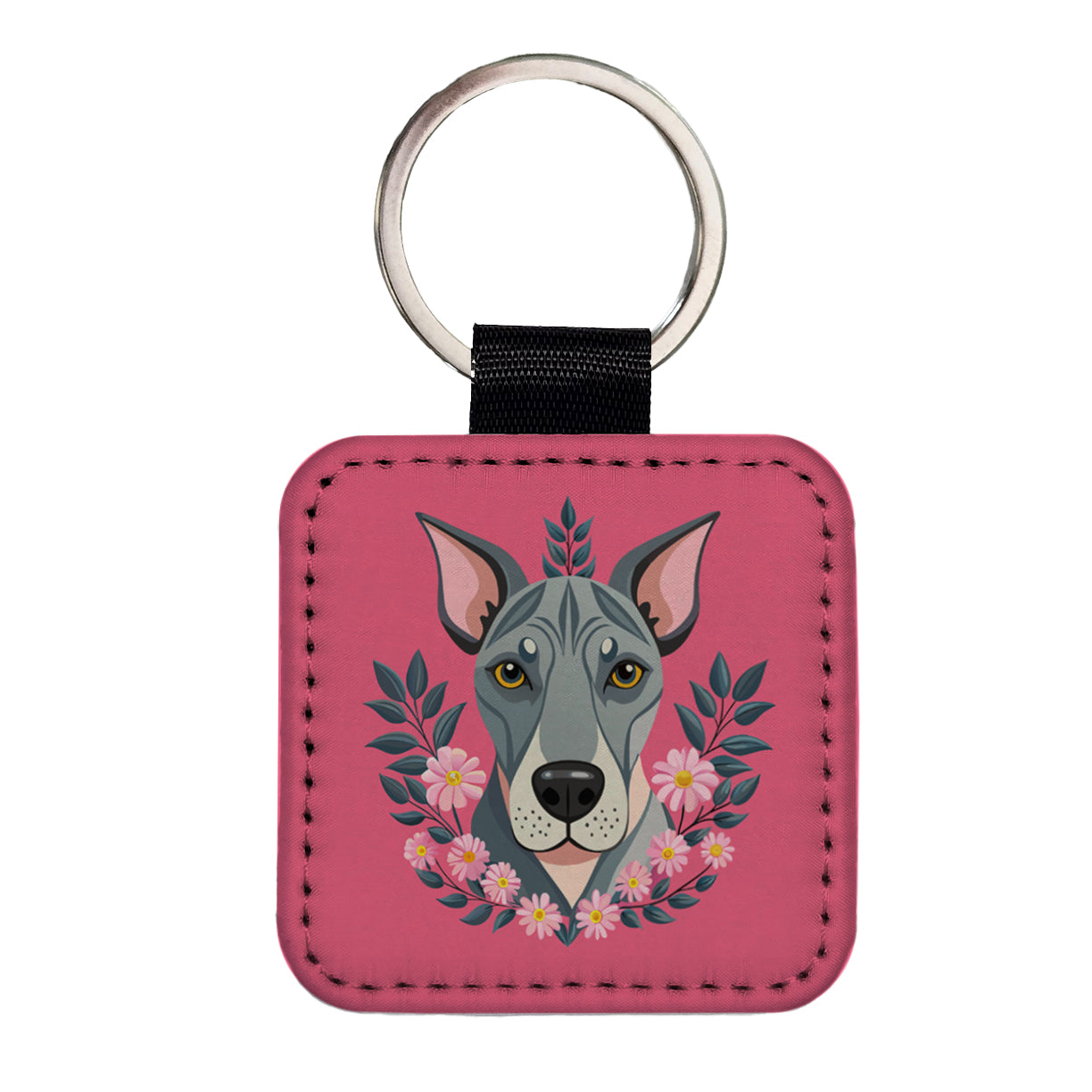 Great Dane Head Floral Motif Pink Background Dog Square Faux Leather Keychain