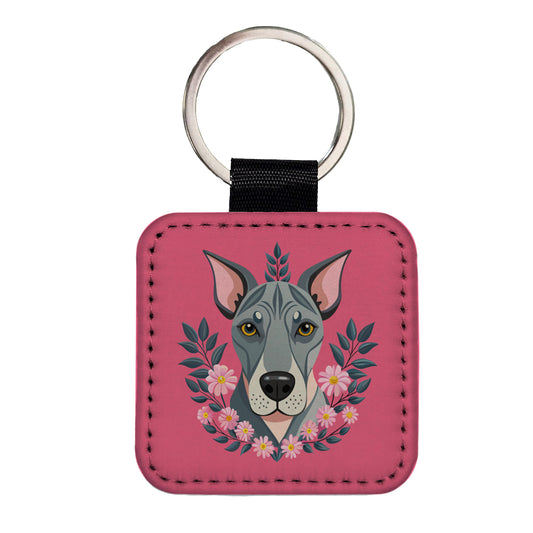 Great Dane Head Floral Motif Pink Background Dog Square Faux Leather Keychain