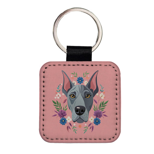 Great Dane Head Floral Motif Pink Dog Square Faux Leather Keychain