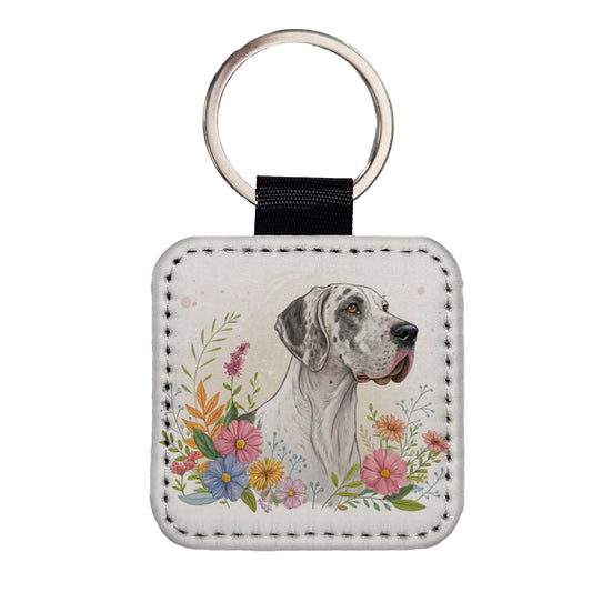 Great Dane Floral Motif Dog Light Square Faux Leather Keychain