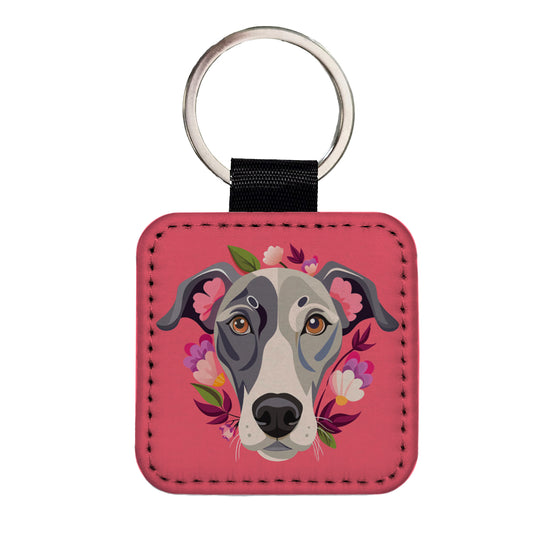 Great Dane Head Floral Pink Dog Square Faux Leather Keychain