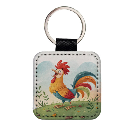 Happy Rooster Square Faux Leather Keychain
