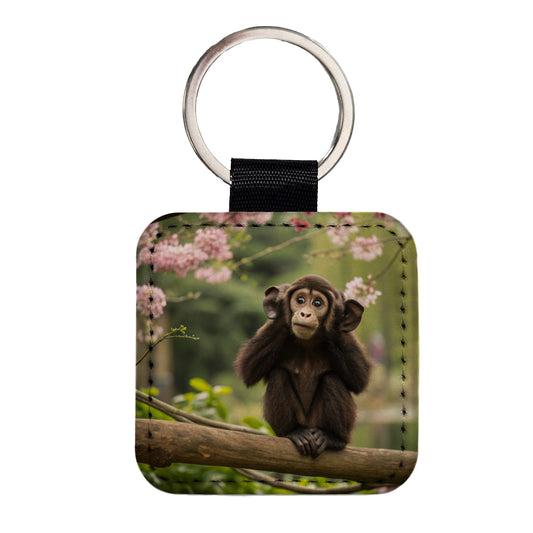 Hear No Evil Cute Monkey Square Faux Leather Keychain