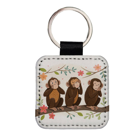 Hear Speak See No Evil Square Faux Leather Keychain