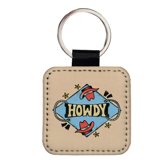 Howdy Country Cowboy Cowgirl Square Faux Leather Keychain