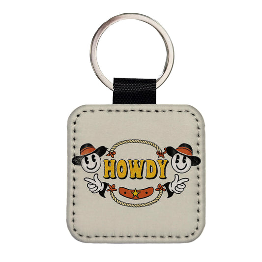 Howdy Funny Country Cowboy Cowgirl Square Faux Leather Keychain
