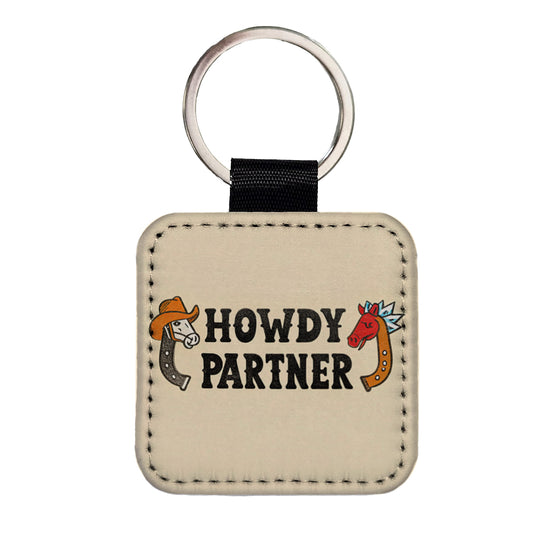 Howdy Partner Country Cowboy Cowgirl Cute Square Faux Leather Keychain