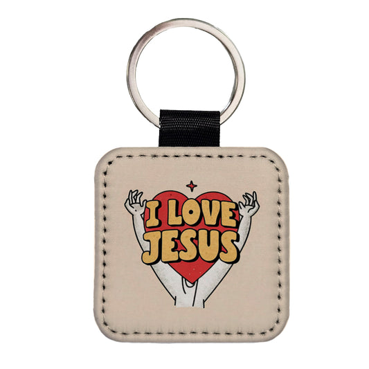 I Love Jesus Square Faux Leather Keychain