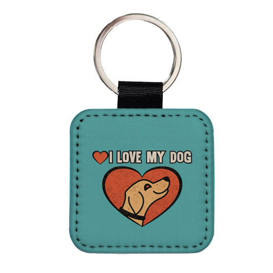 I Love My Dog Blue Square Faux Leather Keychain