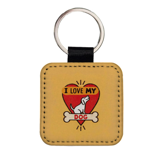 I Love My Dog Heart Square Faux Leather Keychain