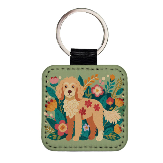 Labradoodle Floral Motif Dog Square Faux Leather Keychain
