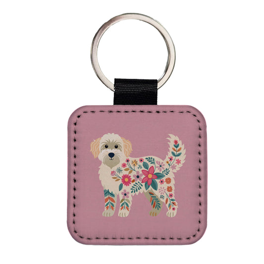 Labradoodle Floral Motif Pink Cute Dog Square Faux Leather Keychain