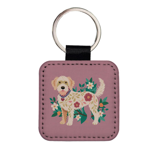 Labradoodle Floral Motif Standing Dog Square Faux Leather Keychain