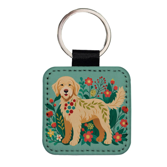 Labradoodle Floral Motif Tan Dog Square Faux Leather Keychain
