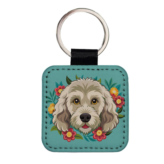 Labradoodle Head Floral Motif Dog Square Faux Leather Keychain