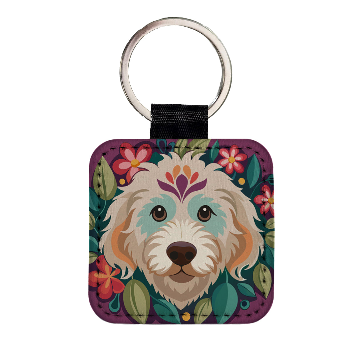 Labradoodle Head Floral Motif Purple Dog Square Faux Leather Keychain