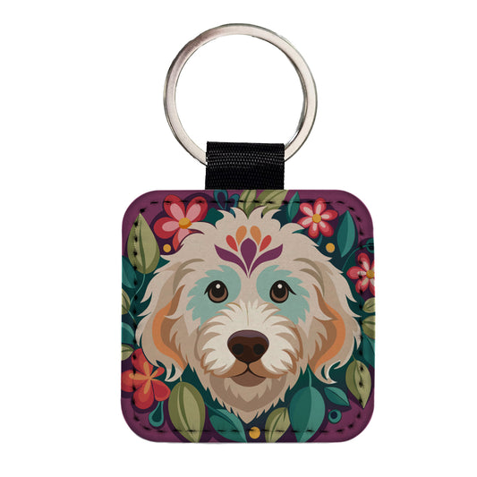Labradoodle Head Floral Motif Purple Dog Square Faux Leather Keychain