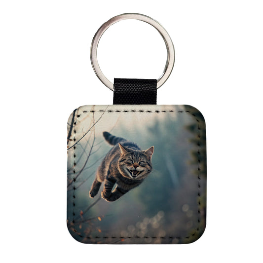 Leaping Funny Cat Grinning Square Faux Leather Keychain
