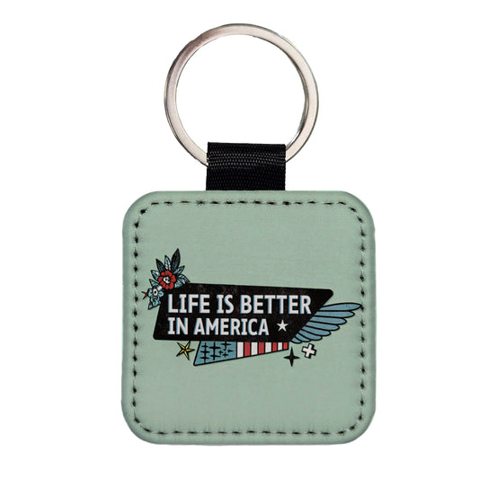 Life Is Better In America USA United States Square Faux Leather Keychain