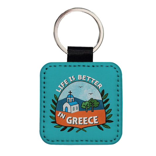 Life Is Better In Greece Square Faux Leather Keychain