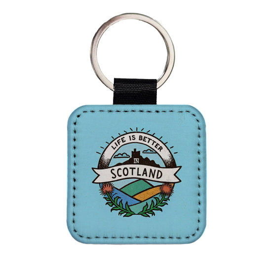 Life Is Better In Scotland Square Faux Leather Keychain