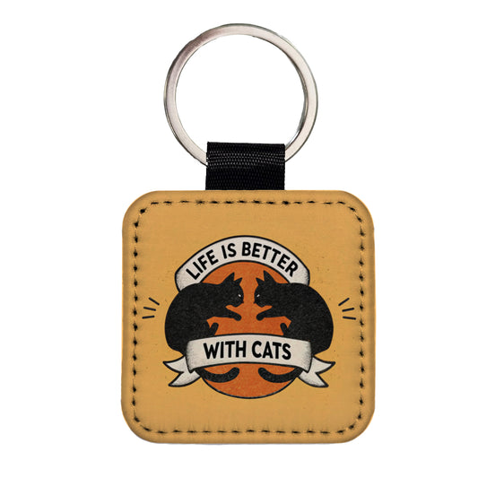 Life Is Better With Cats Square Faux Leather Keychain