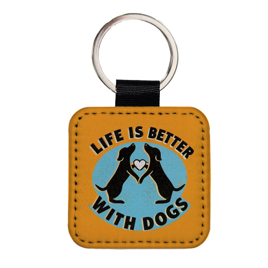 Life Is Better With Dogs Heart Square Faux Leather Keychain