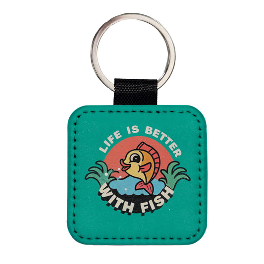 Life Is Better With Fish Fishing Square Faux Leather Keychain