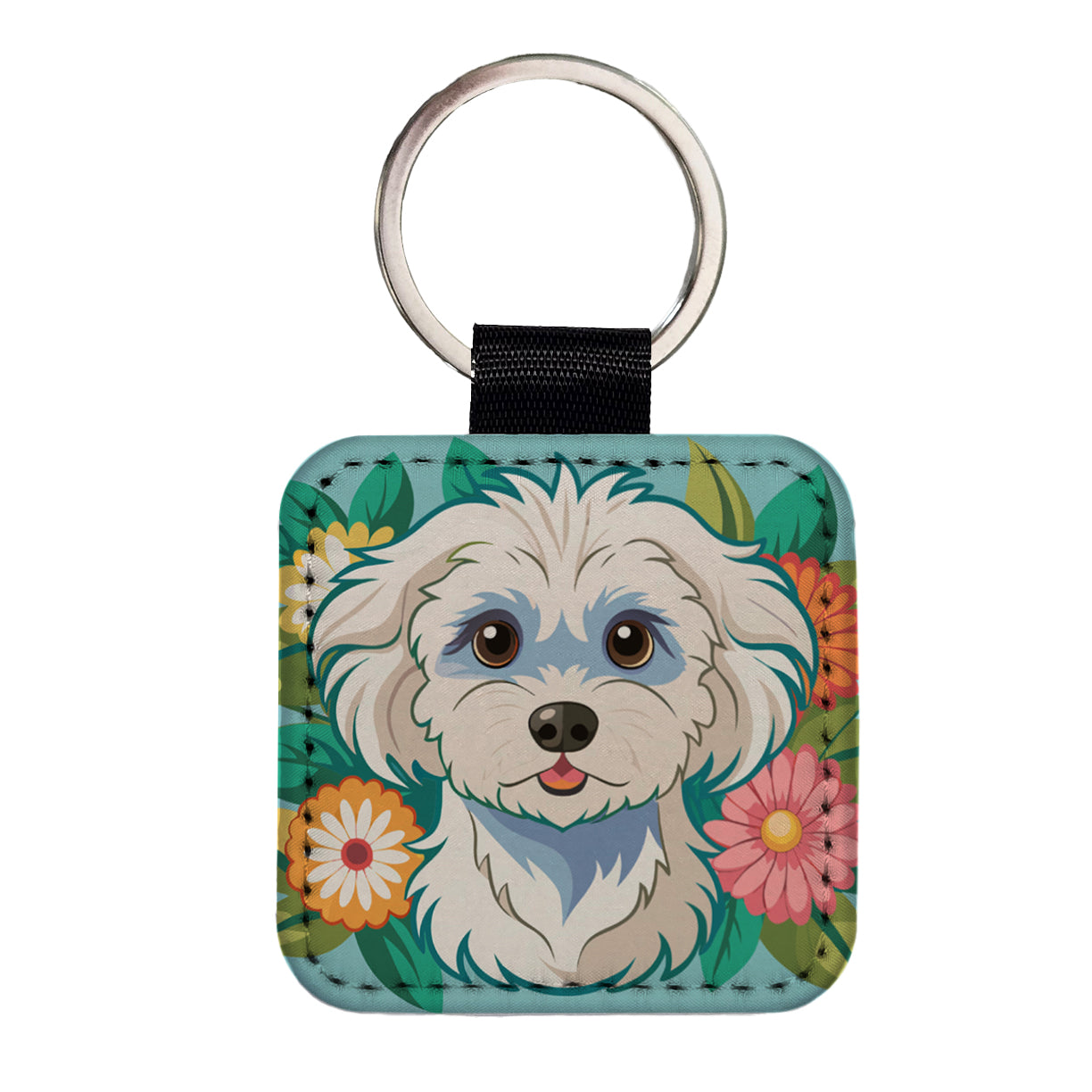 Maltipoo Floral Motif Dog Cute Square Faux Leather Keychain