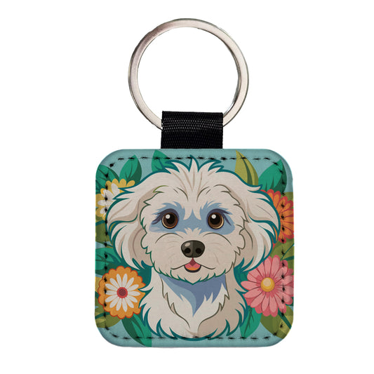 Maltipoo Floral Motif Dog Cute Square Faux Leather Keychain