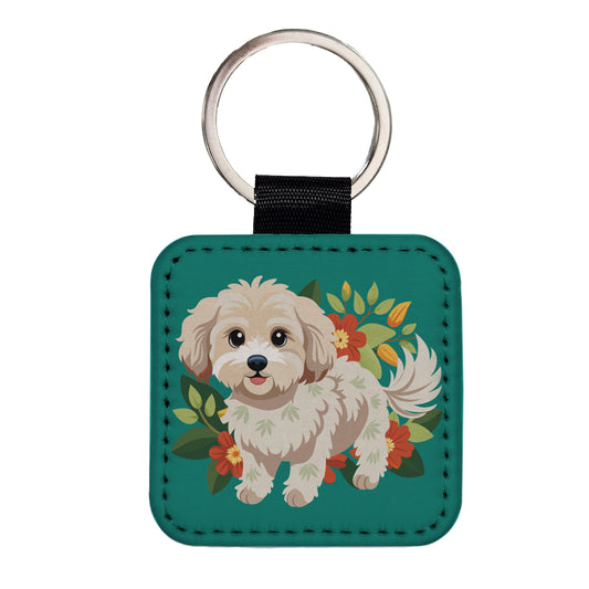 Maltipoo Floral Motif Dog Standing Square Faux Leather Keychain