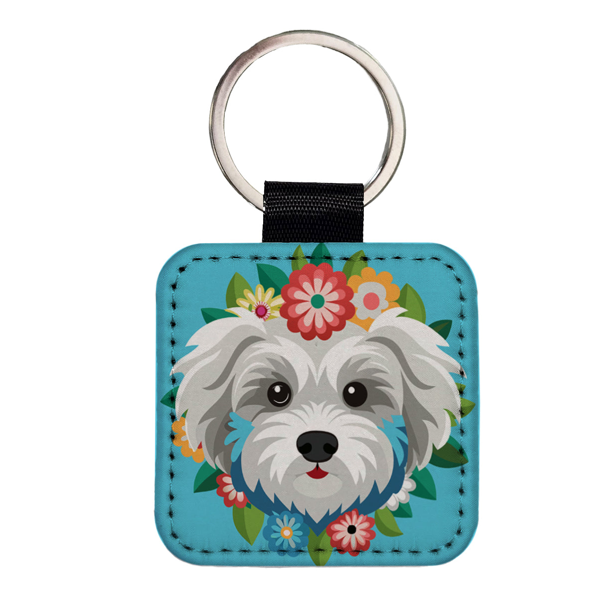 Maltipoo Head Floral Motif Blue Dog Square Faux Leather Keychain