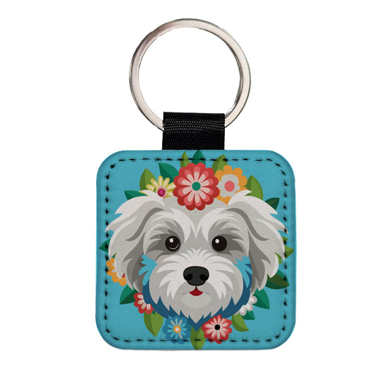 Maltipoo Head Floral Motif Blue Dog Square Faux Leather Keychain