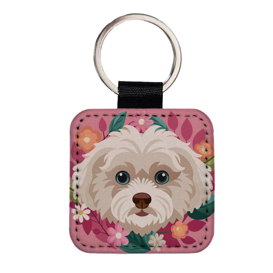 Maltipoo Head Floral Motif Pink Dog Square Faux Leather Keychain