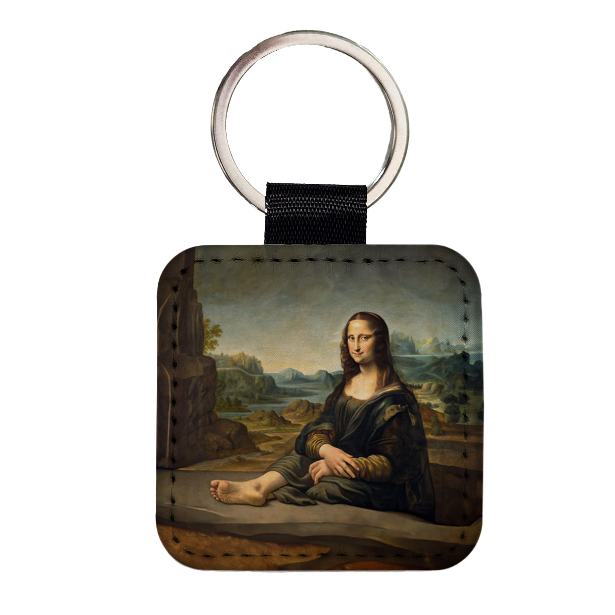 Mona Lisa With Foot Funny Square Faux Leather Keychain