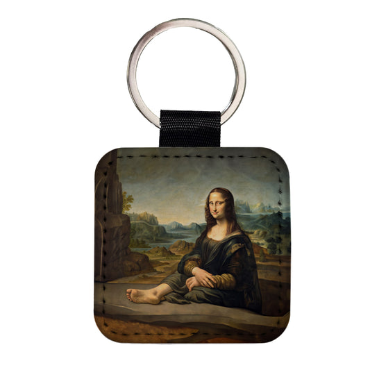 Mona Lisa With Foot Funny Square Faux Leather Keychain