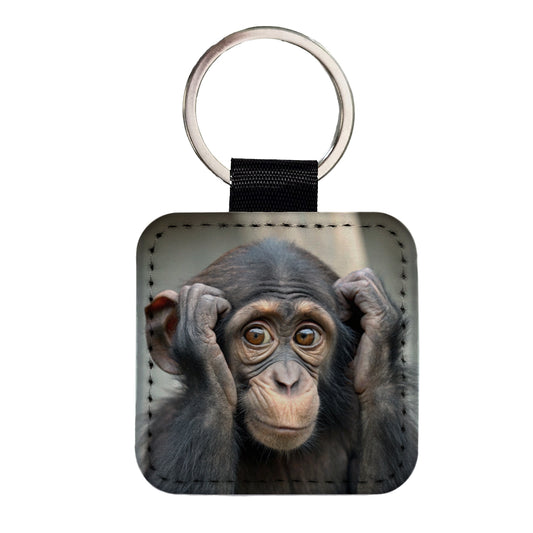 Monkey Adorable Square Faux Leather Keychain