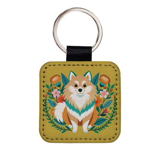 Pomsky Floral Motif Dog Square Faux Leather Keychain