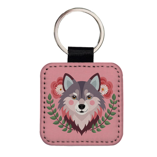 Pomsky Head Floral Motif Pink Cute Dog Square Faux Leather Keychain