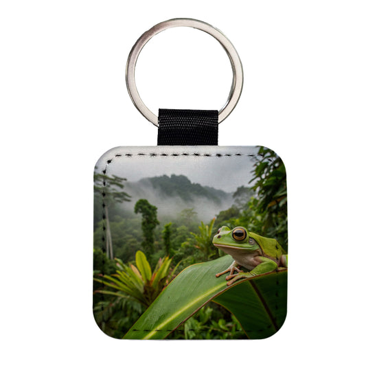 Puerto Rico Frog On Leaf Square Faux Leather Keychain