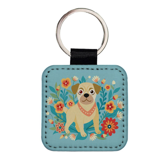 Puggle Floral Motif Blue Dog Square Faux Leather Keychain
