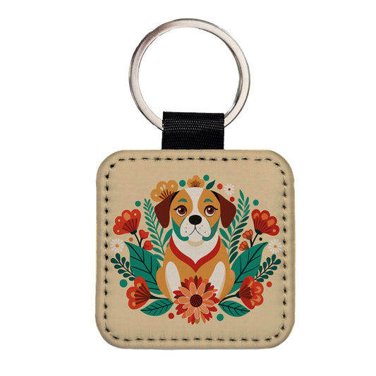 Puggle Floral Motif Dog Square Faux Leather Keychain