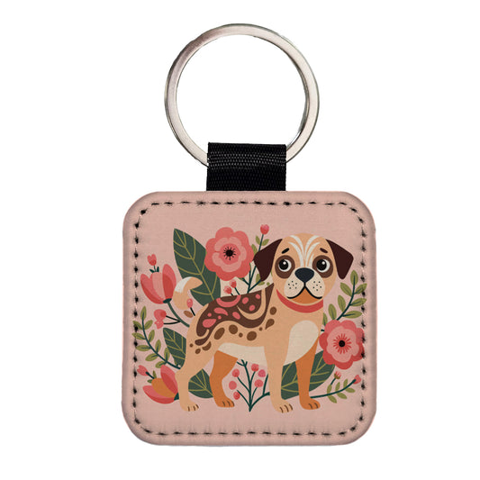Puggle Floral Motif Pink Dog Square Faux Leather Keychain