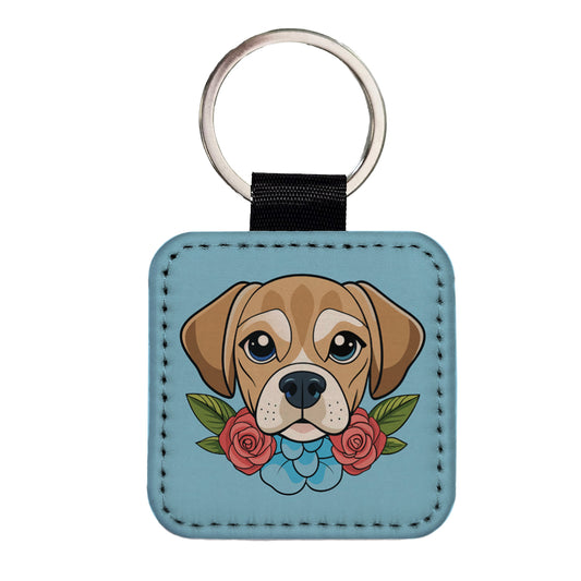 Puggle Head Floral Motif Blue Dog Square Faux Leather Keychain