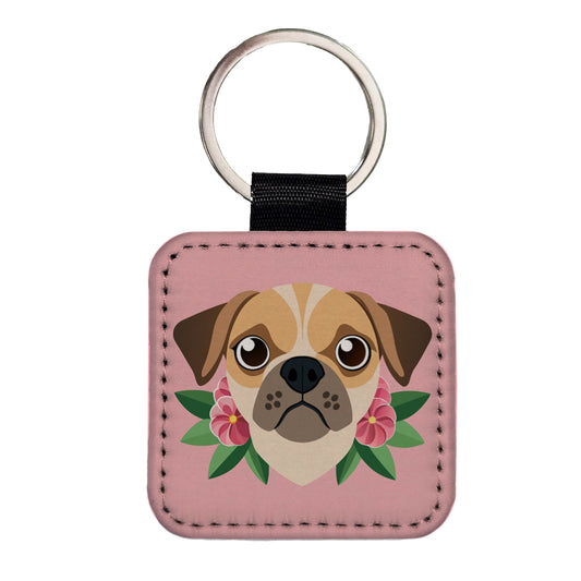 Puggle Head Floral Motif Pink Dog Square Faux Leather Keychain