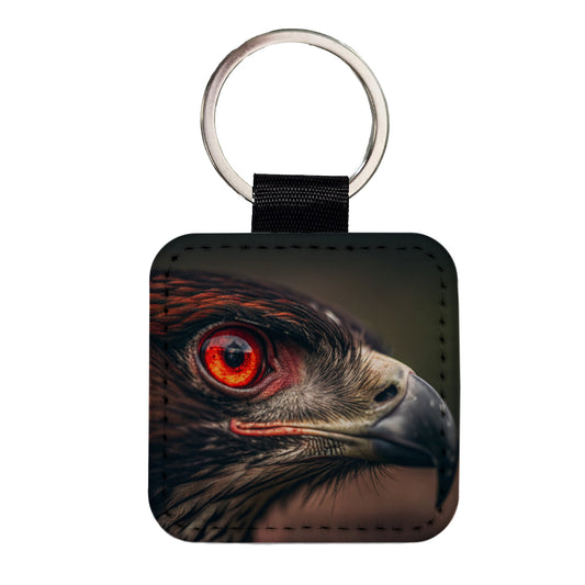 Red Eyes Hawk Bird Square Faux Leather Keychain