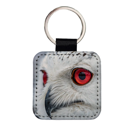 Red Eyes Owl Bird Square Faux Leather Keychain