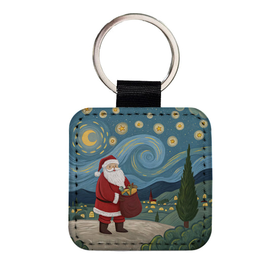 Santa Van Gogh Starry Night Christmas Funny Square Faux Leather Keychain