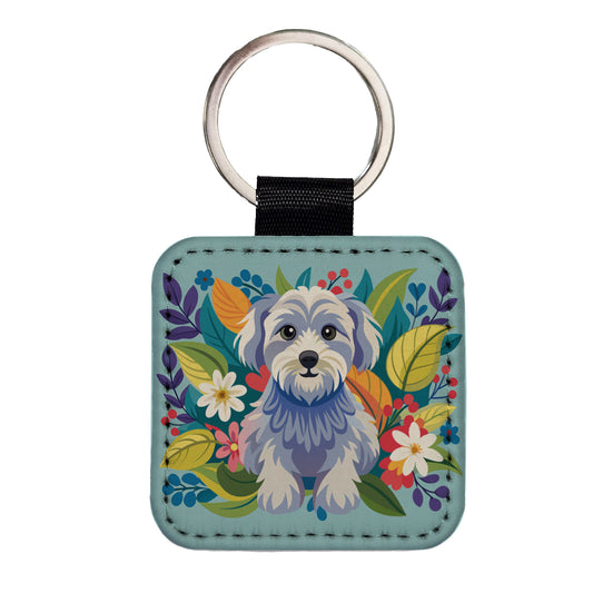 Schnoodle Floral Motif Blue Dog Square Faux Leather Keychain