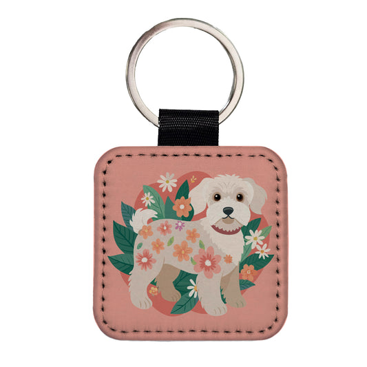 Schnoodle Floral Motif Cute Dog Square Faux Leather Keychain